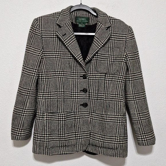 Lauren Ralph Lauren Blk Cream Quiet Luxury Wool Careerwear Houndstooth Blazer *6 - Picture 1 of 14